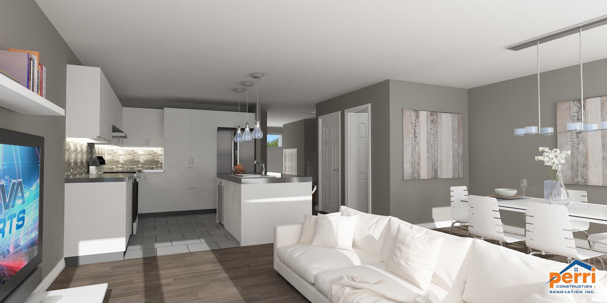 Espace de vie moderne à aire ouverte avec des meubles blancs, des murs gris et une cuisine.