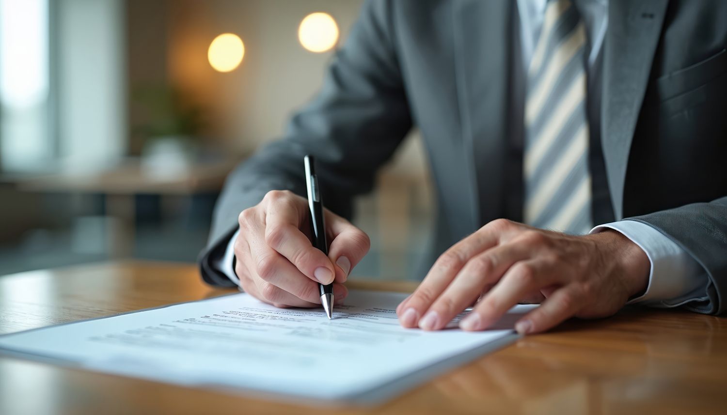 A professional signing a policy document provided by a top general liability insurance provider.