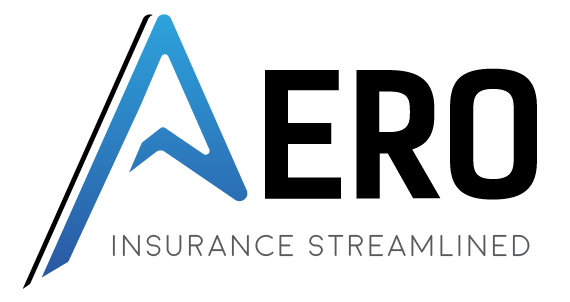 Logo for Aero, featuring a stylized blue letter A next to the black text ERO, with the slogan Insurance Streamlined below.