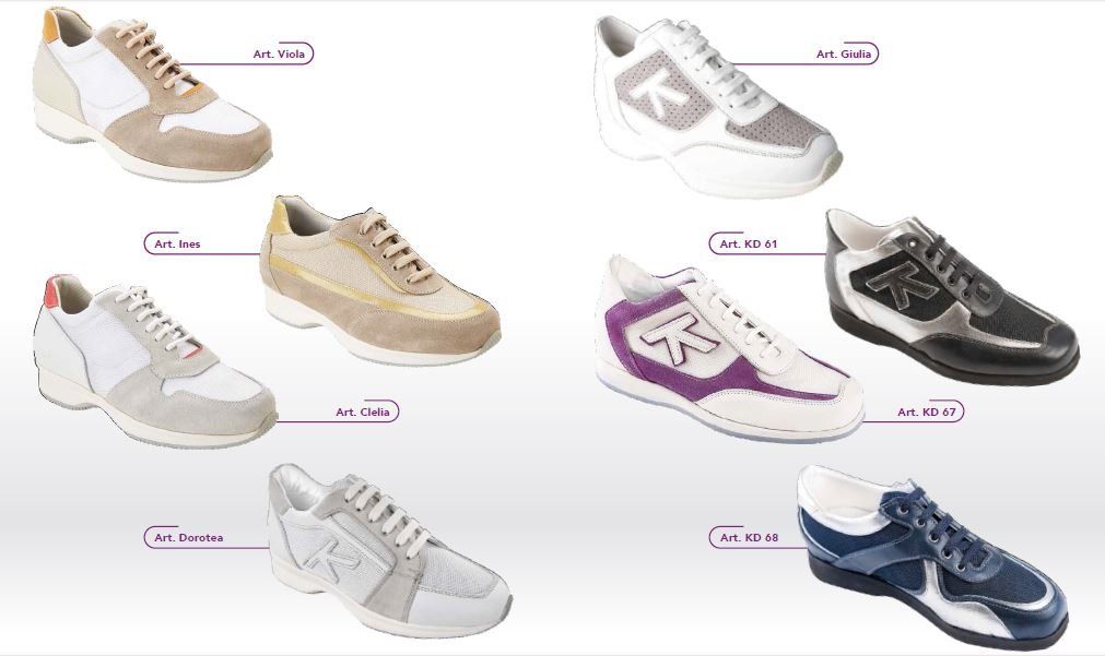Collage di sei sneakers basse nei colori bianco, beige, grigio, viola, nero e blu navy, su sfondo bianco.