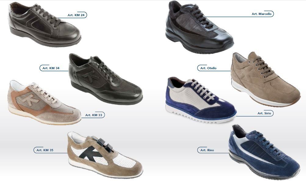Catalogo di scarpe casual da uomo in diversi colori e modelli su sfondo bianco