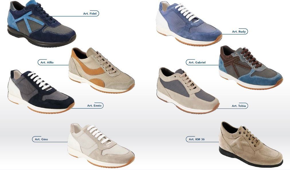 Assortimento di scarpe da ginnastica casual in vari colori, disposte su uno sfondo bianco.