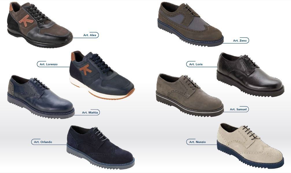 Collage di otto paia di scarpe casual da uomo nei colori nero, blu navy, grigio e beige su sfondo bianco.