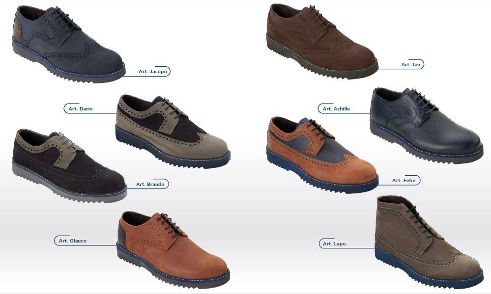 Collage di otto paia di scarpe casual da uomo nei colori nero, marrone e blu su sfondo bianco.