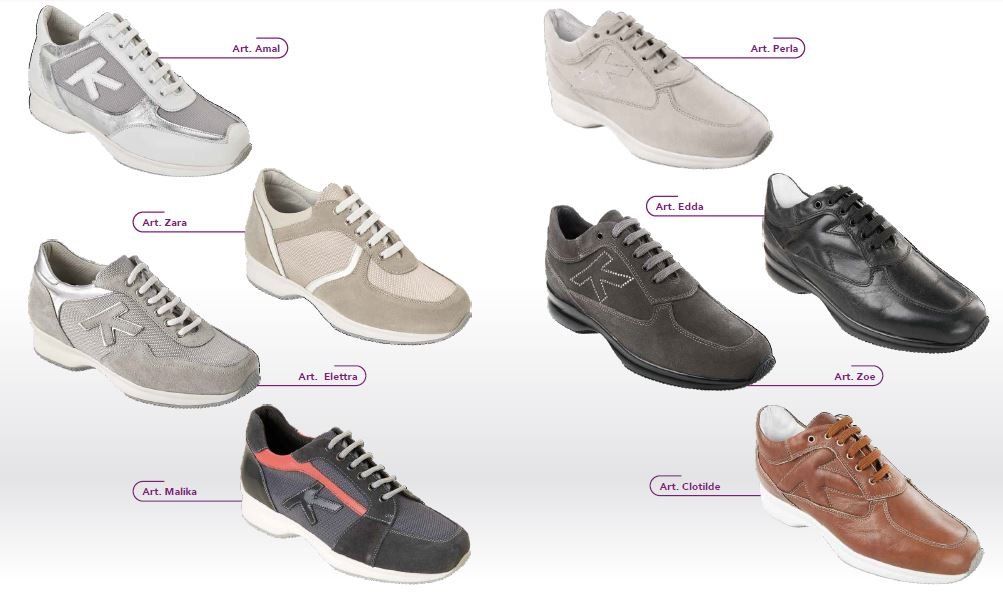Collage di sei eleganti sneakers nei colori bianco, beige, nero, grigio e marrone su sfondo bianco.