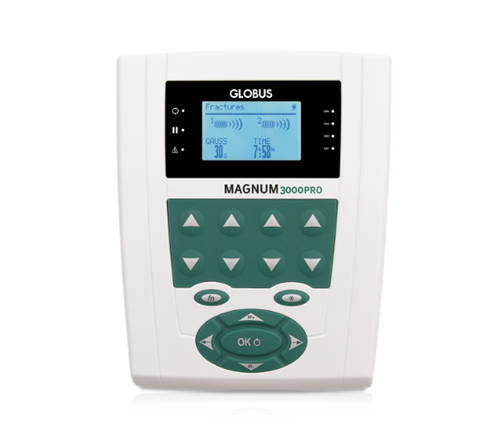 Pannello di controllo bianco da parete con display, pulsanti freccia e pulsante OK, etichettato GLOBUS MAGNUM 3000PRO