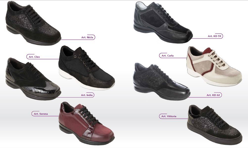 Collage di sei paia di scarpe da ginnastica nei colori nero, bordeaux e beige, su sfondo bianco.