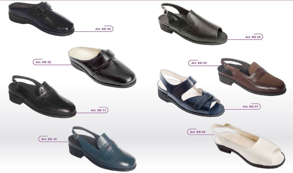 Assortimento di scarpe da donna nere, marroni, blu scuro e bianche disposte in un collage su sfondo bianco.