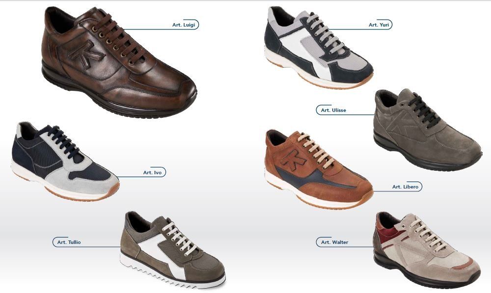 Assortimento di scarpe casual da uomo nei colori marrone, blu navy, grigio, beige e bianco su sfondo bianco.