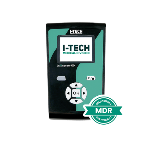 Dispositivo della divisione medica I-TECH su un pannello frontale nero e verde con pulsanti e badge di certificazione MDR.