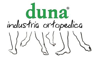 Logo per Duna industria ortopedica con testo verde e disegni stilizzati di gambe e piedi.