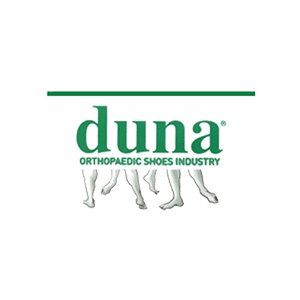 Logo dell'industria delle calzature ortopediche Duna in verde con una linea e la sagoma di una zampa di cavallo.