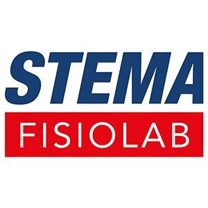 Logo STEMA FISIOLAB in blu e bianco su sfondo rettangolare rosso.
