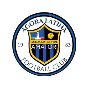 Stemma dell'Agora Latina Football Club con scudo blu e nero e stendardo dorato, 1983
