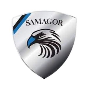 Logo SAMAGOR a forma di scudo con testa d'aquila stilizzata in nero e blu su sfondo argentato.