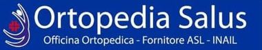 Logo di una clinica ortopedica con icona blu e testo "Ortopedia Salus" su sfondo grigio.