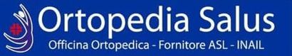 Logo di una clinica ortopedica con icona blu e testo "Ortopedia Salus" su sfondo grigio.