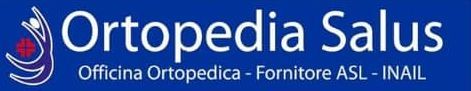 Logo di una clinica ortopedica con icona blu e testo "Ortopedia Salus" su sfondo grigio.
