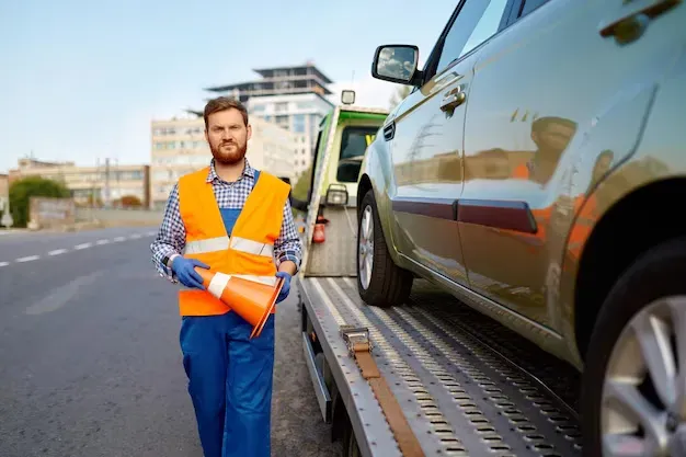 Tow truck operator in orange vest stands beside a car loaded on a flatbed truck.