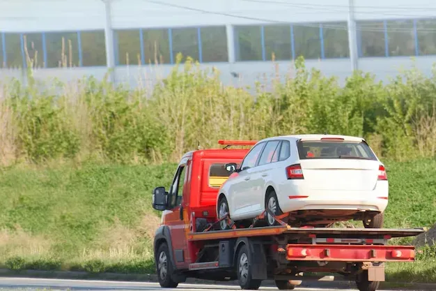 Tow truck carrying a white car on a flatbed beside a grassy roadside