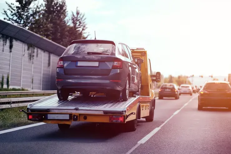 Car on a tow truck driving on a highway at sunset, with other cars ahead.