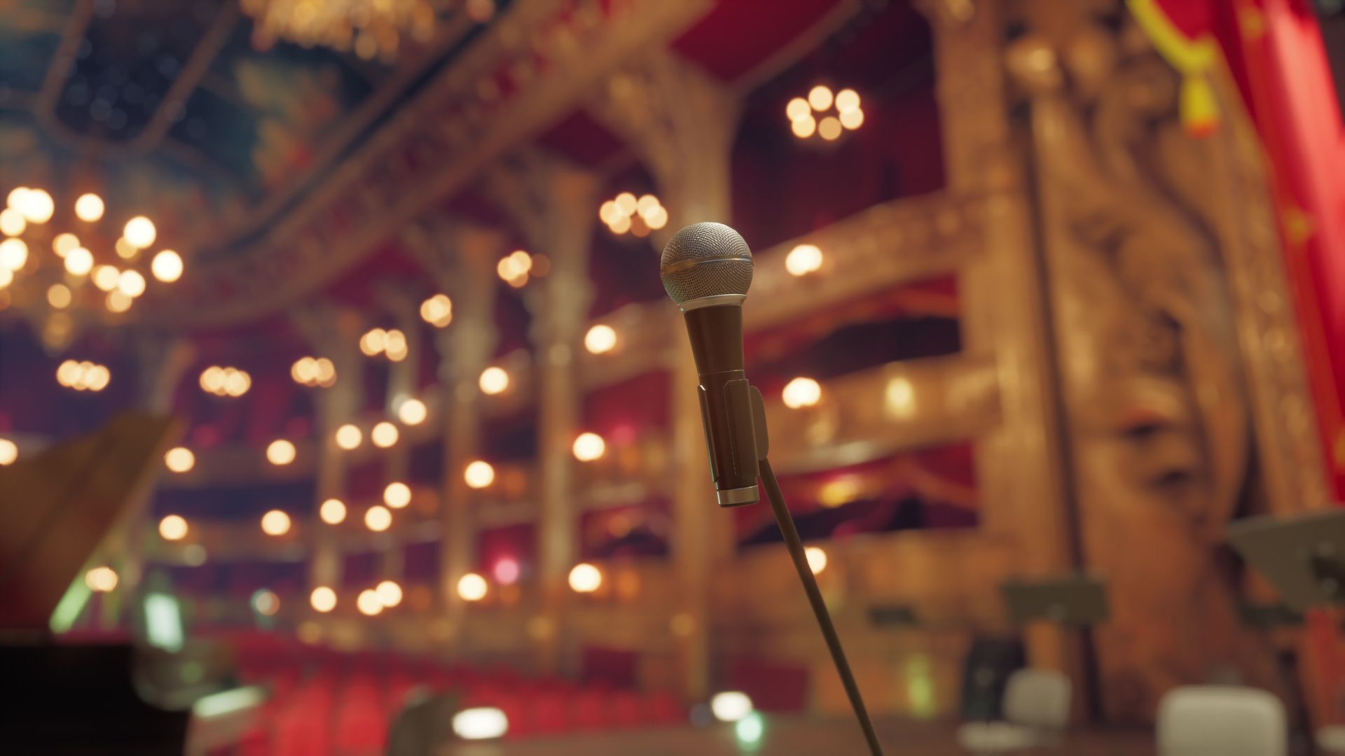 Microphone on stand in a warmly lit, bokeh-filled indoor performance venue Microphone on stand in a warmly lit, bokeh-filled indoor performance venue