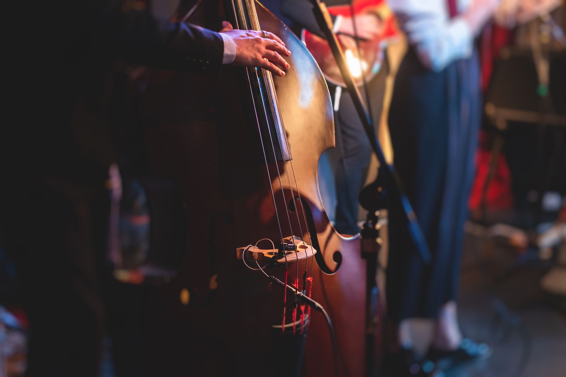 Musician playing upright bass on a dimly lit stage, with blurred performers in the background Musician playing upright bass on a dimly lit stage, with blurred performers in the background
