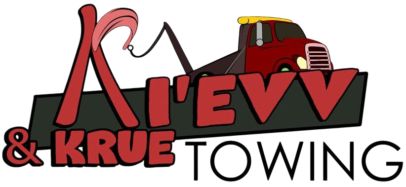 A&V Krue Towing logo with a red tow truck and black-and-red text on a white background