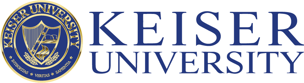 A blue and gold logo for keiser university