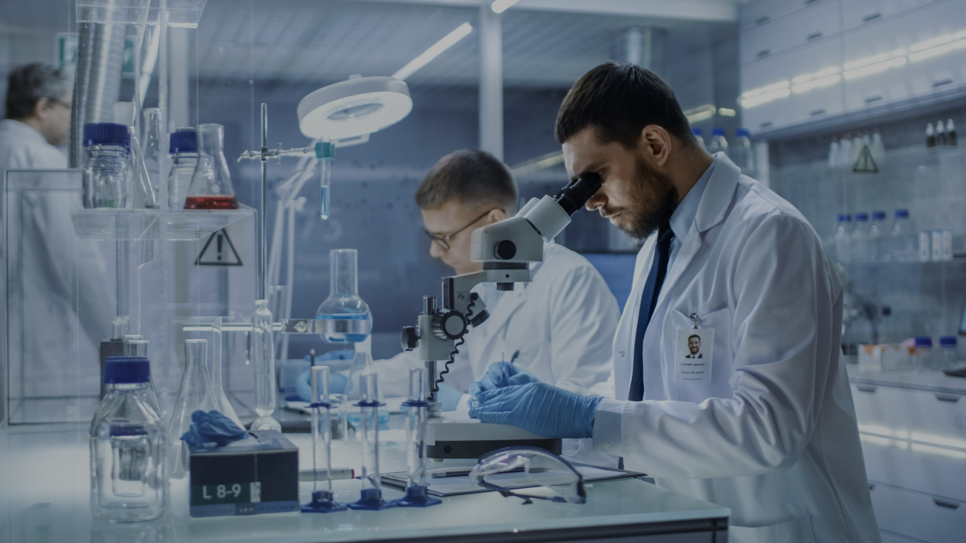 Two scientists are working in a laboratory looking through a microscope.