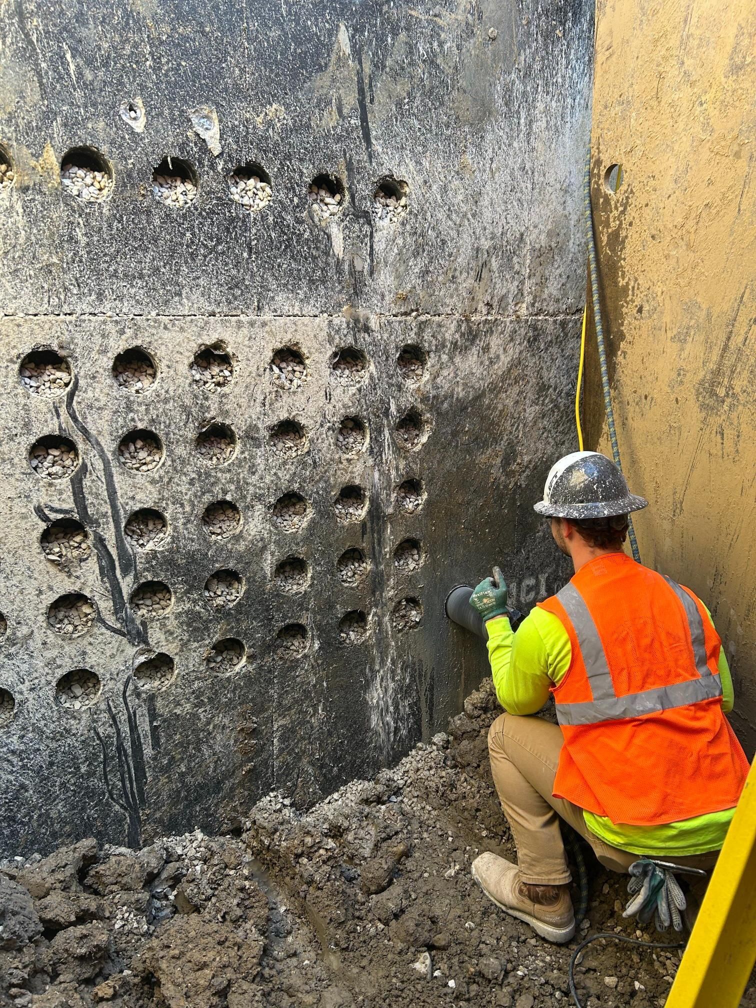 A construction worker is kneeling down in front of a wall with holes in it.
