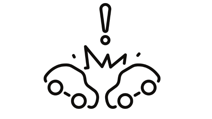 Two cars colliding with an exclamation mark above them, indicating a crash alert