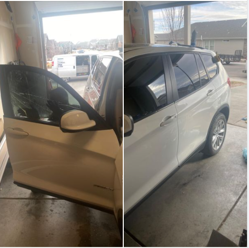Tan SUV with a visibly dented driver-side door inside a garage, shown from two angles.