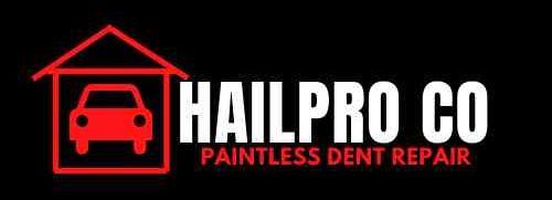 Logo for HailPro Co, with red car icon and “Paintless Dent Repair” text on black background