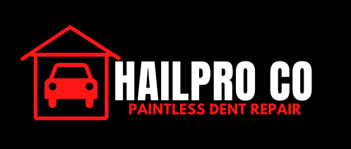 Hail Pro Co logo with red car in a house outline and &ldquo;Paintless Dent Repair&rdquo; text on black background