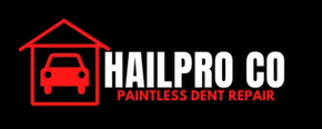 Logo for HAIL PRO CO with red car in a house outline and the text “PAINTLESS DENT REPAIR”