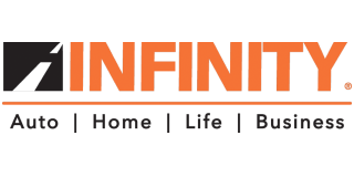 INFINITY insurance logo with orange text and gray tagline: Auto | Home | Life | Business