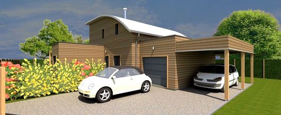 Conception architecture d'une maison bois avec toit zinc courbe