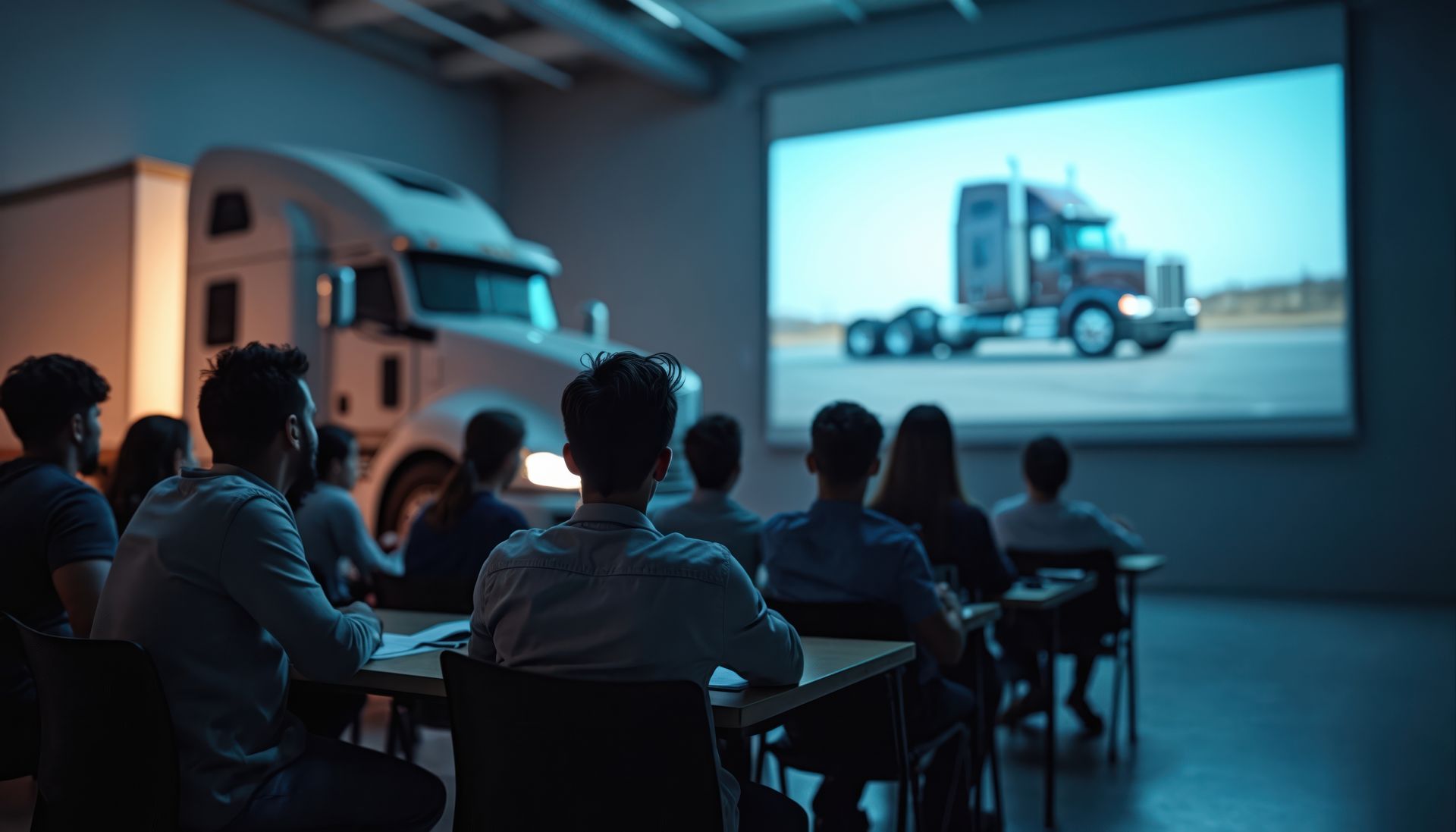 View of some heavy vehicle students sitting, looking at a projection of a truck.