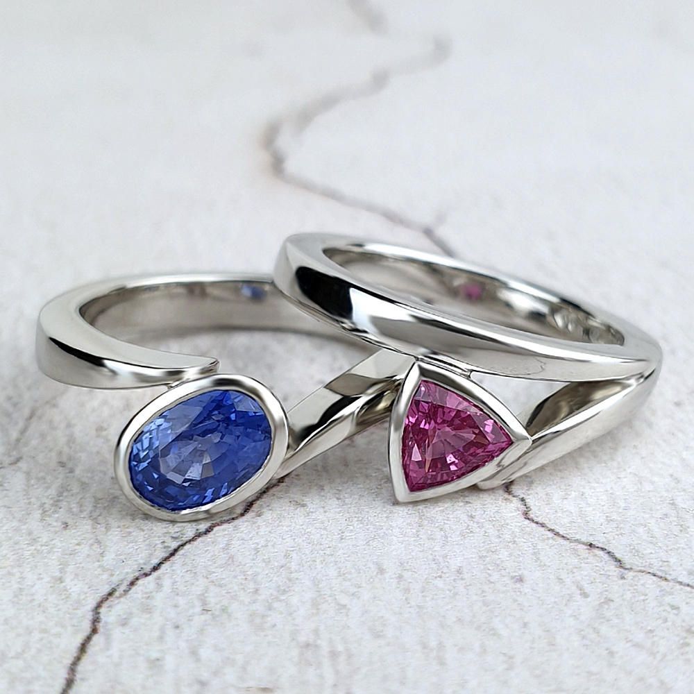  Contemorary platinum engagement rings with sapphires handmade in Sussex