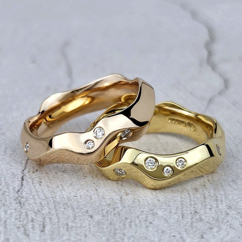 matching carved wedding rings with diamonds