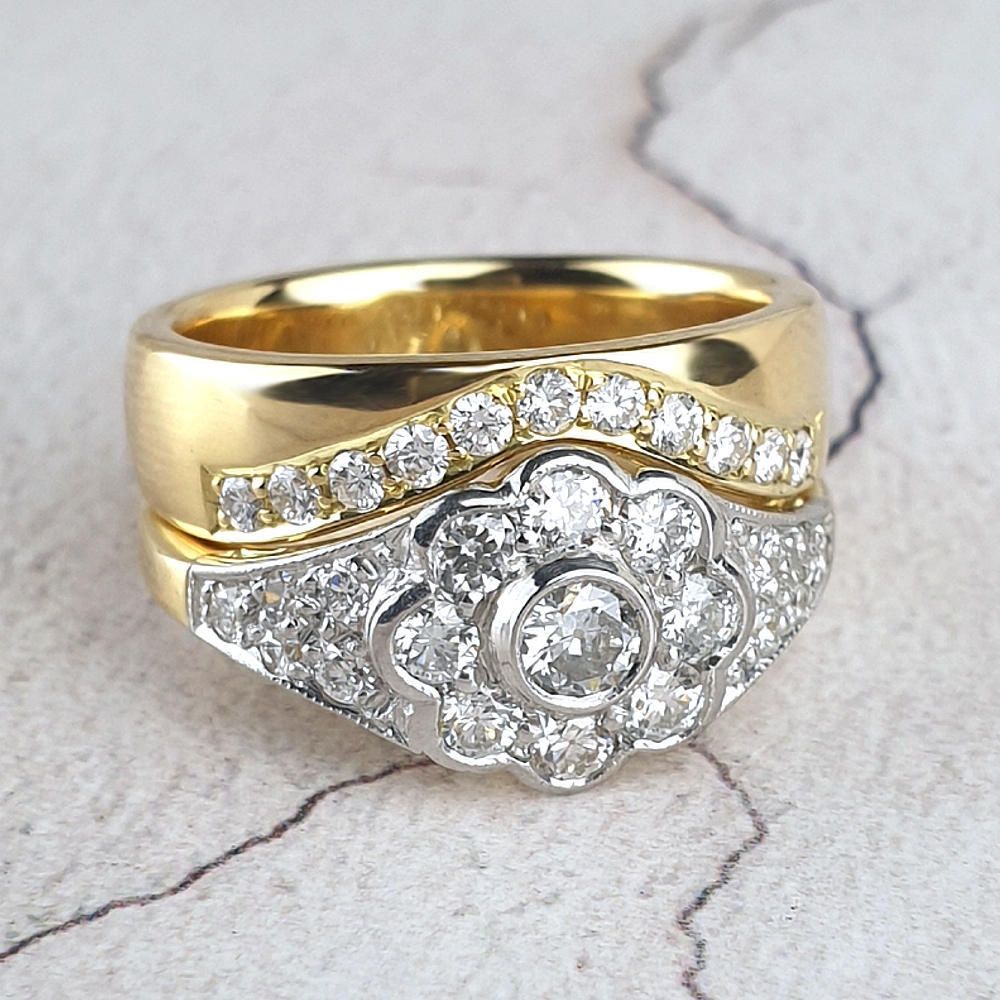 wide fitted yellow gold wedding ring with diamonds