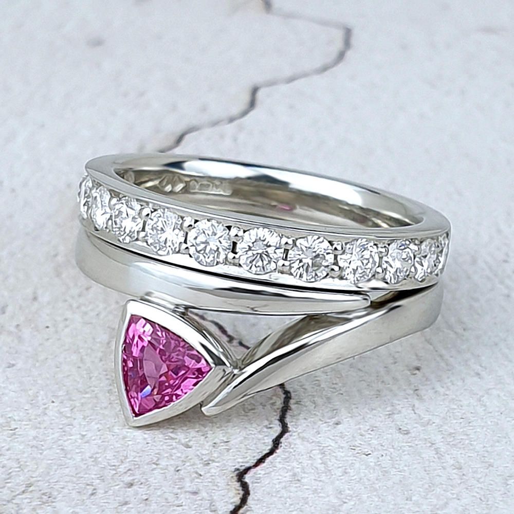 Bespoke pink sapphire engagement designed to fit perfectly with a straight wedding ring