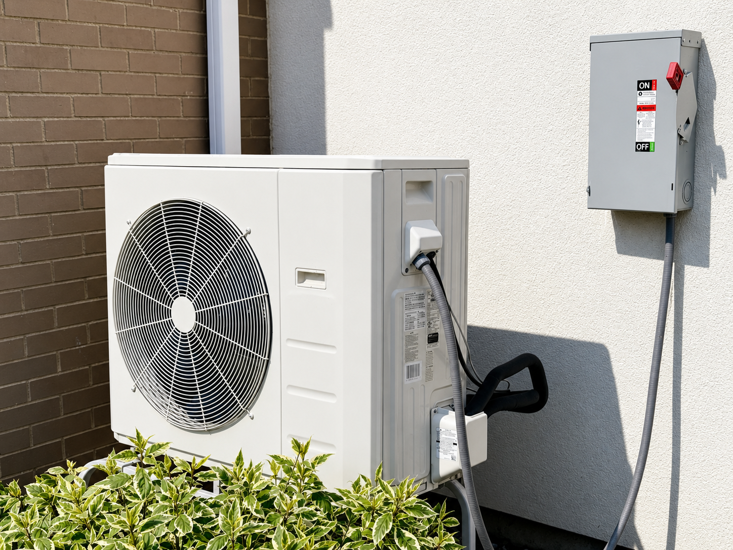 Outdoor HVAC unit beside a wall-mounted electrical box next to a building