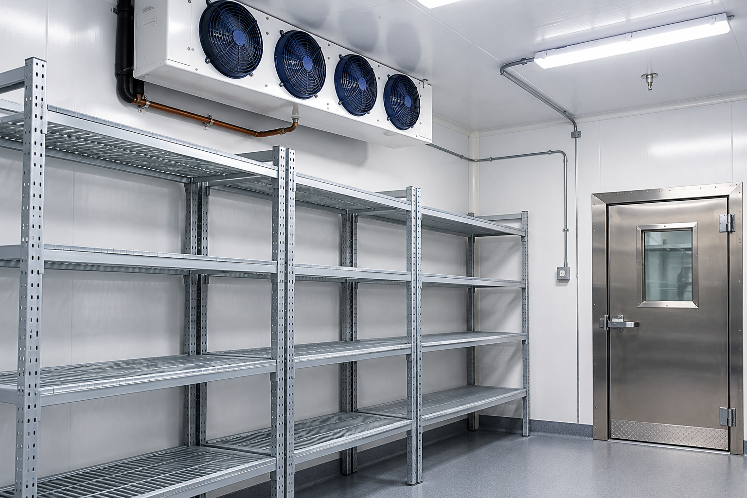 Cold storage room with metal shelving, wall fans, and a stainless steel door