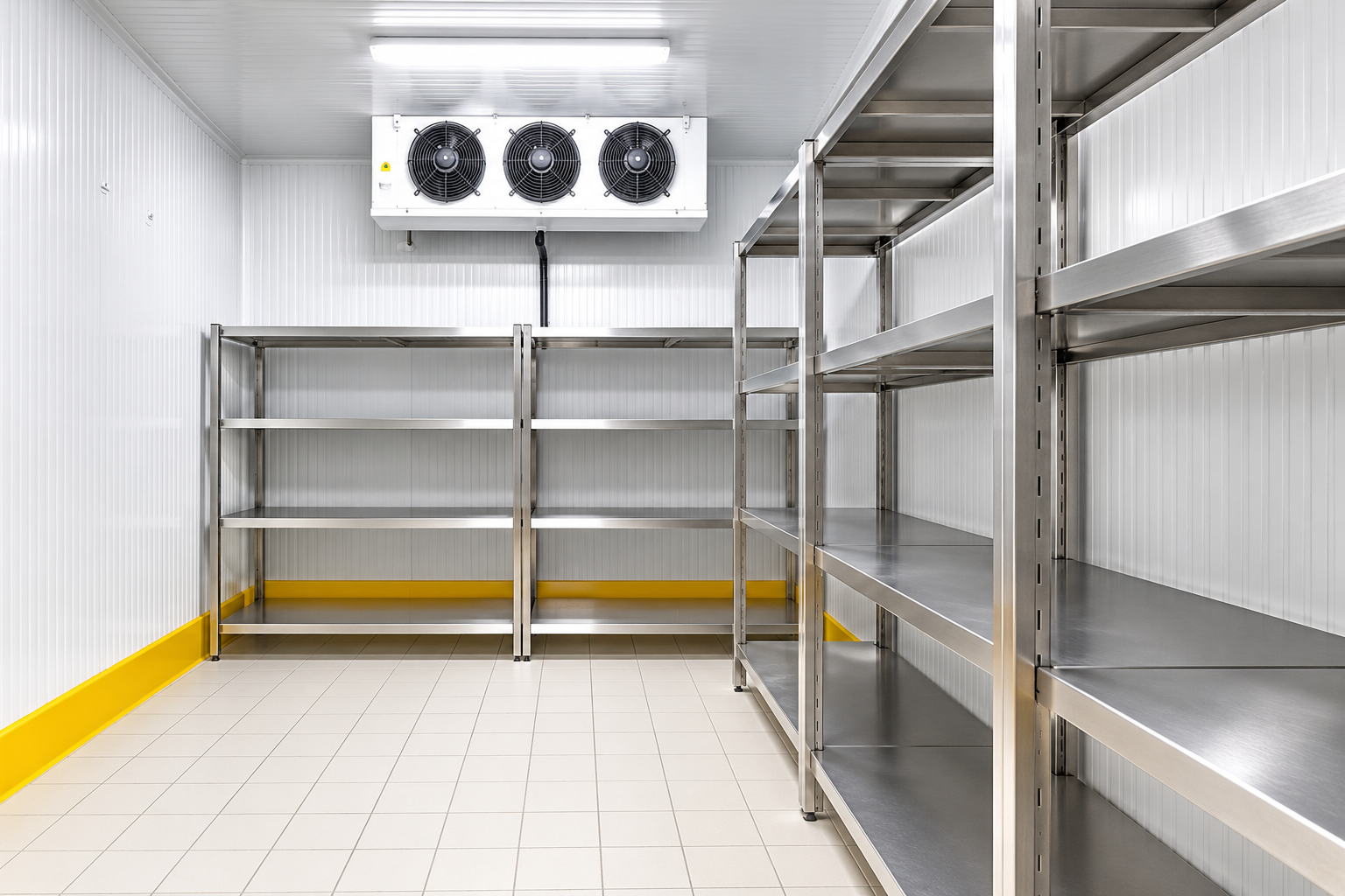 Empty industrial cold storage room with metal racks, white walls, and ceiling cooling fans.