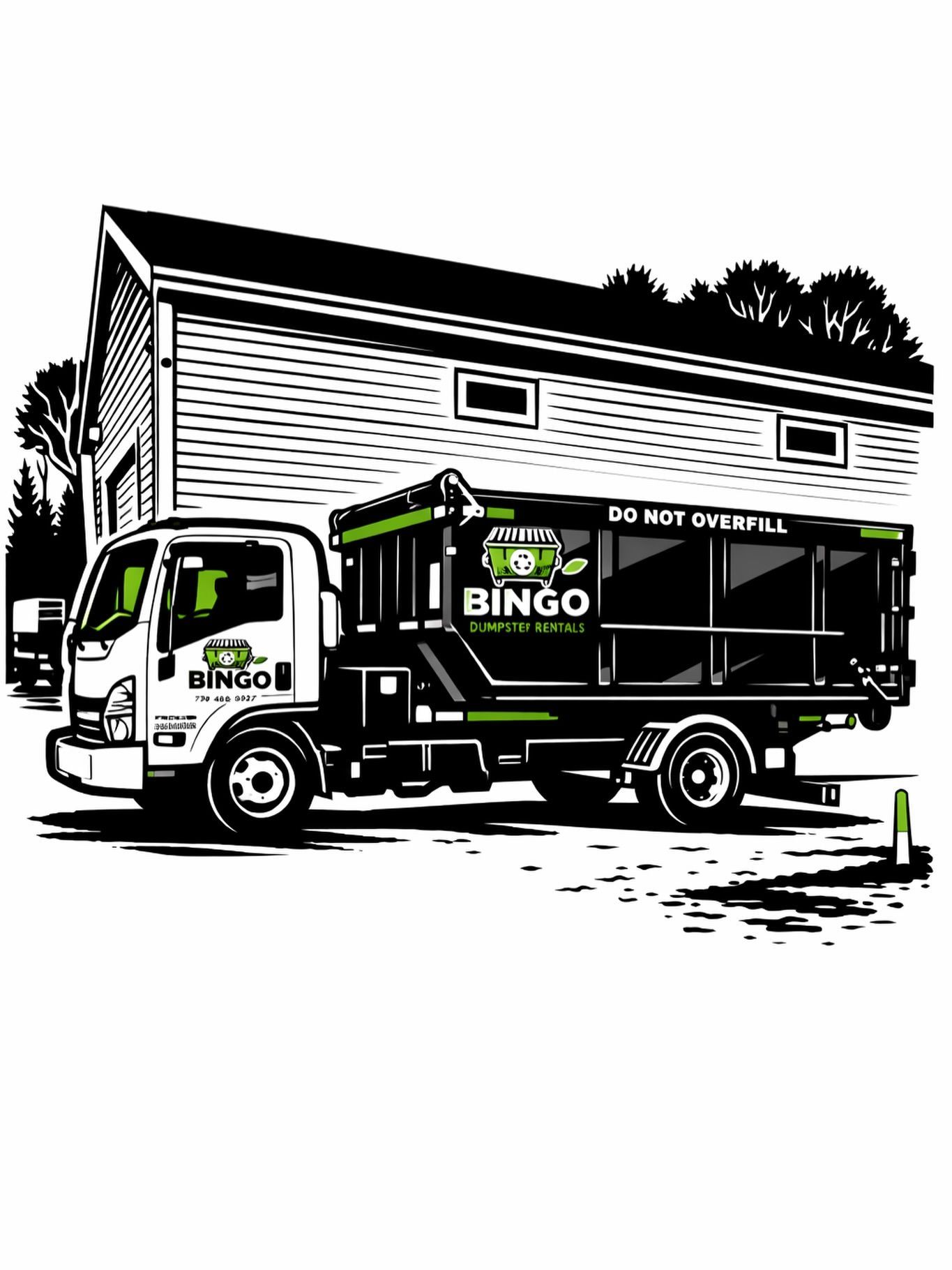 A black and white illustration of a Bingo dump truck parked in front of a house, featuring green logo accents.
