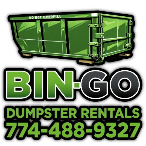 Logo for BIN-GO Dumpster Rentals with a green dumpster graphic and phone number 774-488-9327 in green text.