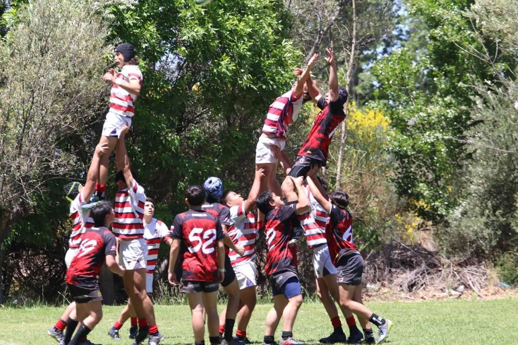 Jugadores de rugby formando una pirámide en un campo de césped, bajo los árboles; varios de ellos con camisetas de rayas rojas y blancas.