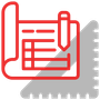 Plano rojo con lápiz y regla gris, probablemente para diseño o planificación.